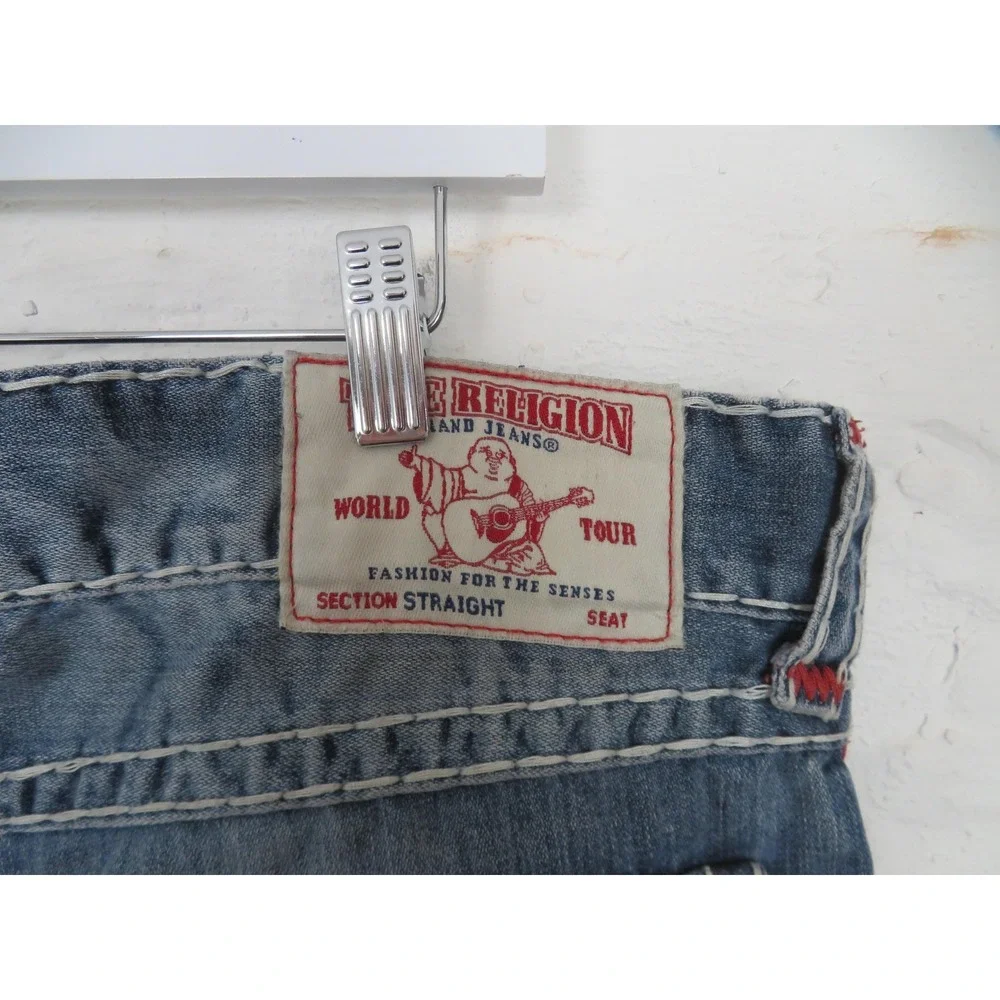 Vtg True Religion Red Super T Jeans Mens 38x34 Thick Stitch Flap Pockets Blue